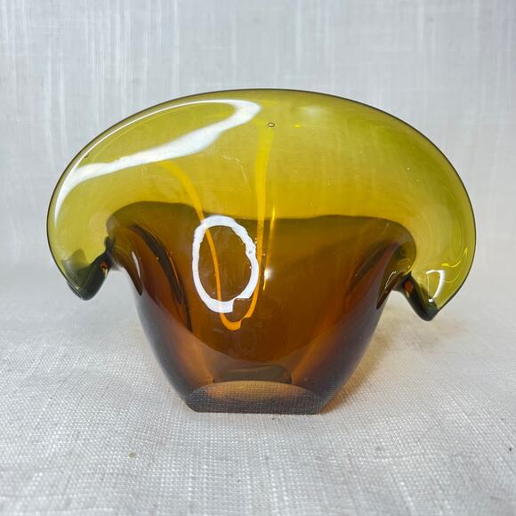 Mid Century Murano Style Yellow Ochre Art Glass Clam Shell Bowl Tilted Vase - Picture 4 of 12